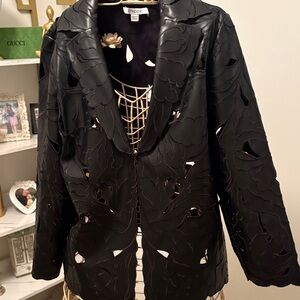 Chico's Black Floral Cutout Leather-Effect Blazer